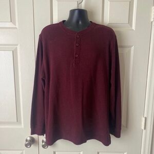 LL Bean Button Henley Shirt Men Size XL Maroon Waffle Knit Long Sleeve Thermal